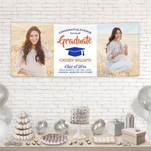 Congrats 2 Photo Modern Orange and Blue Graduation Banner