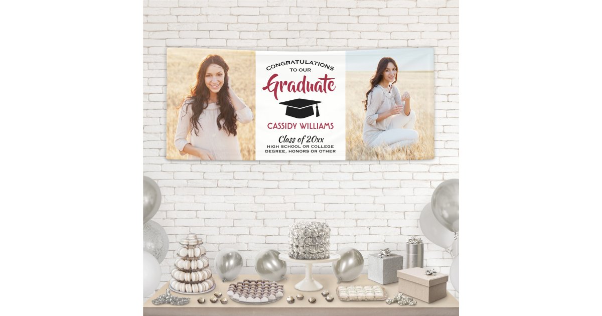 Congrats 2 Photo Modern Red Black White Graduation Banner | Zazzle