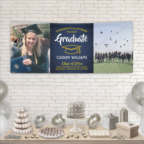 Congrats 2 Photo Navy Blue Gold Yellow Graduation Banner