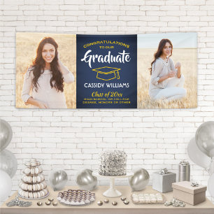 Congrats 2 Photo Navy Blue Gold Yellow Graduation Banner