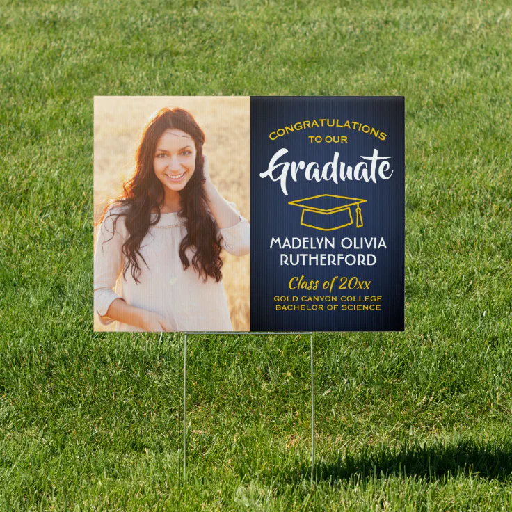Congrats 2 Photo Navy Blue Gold Yellow Graduation Sign | Zazzle
