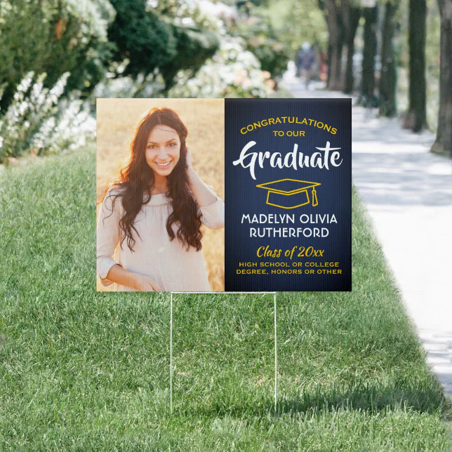 Congrats 2 Photo Navy Blue Gold Yellow Graduation Sign | Zazzle