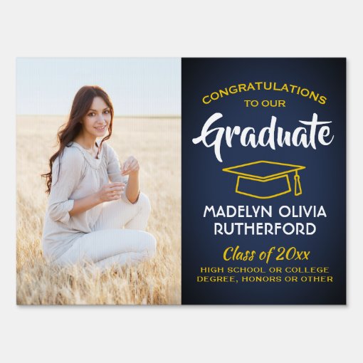 Congrats 2 Photo Navy Blue Gold Yellow Graduation Sign | Zazzle