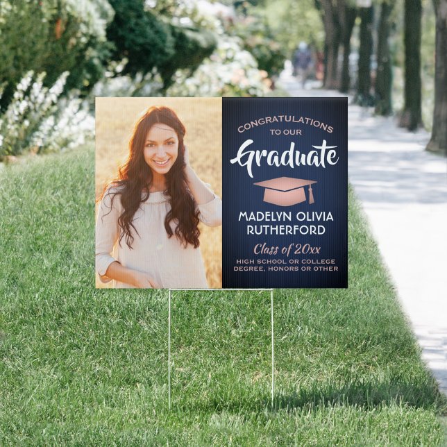 Congrats 2 Photo Navy Blue Pink & White Graduation Sign (Creator Uploaded)