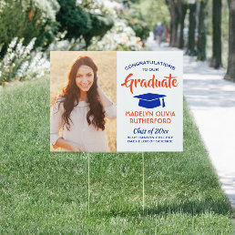 Congrats 2 Photo Orange and Blue Graduation Yard Sign