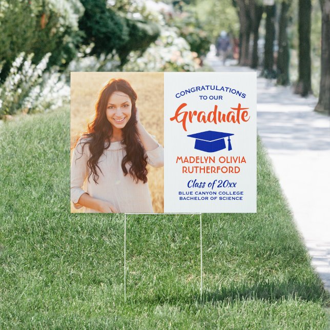 Congrats 2 Photo Orange and Blue Graduation Yard Sign (Creator Uploaded)