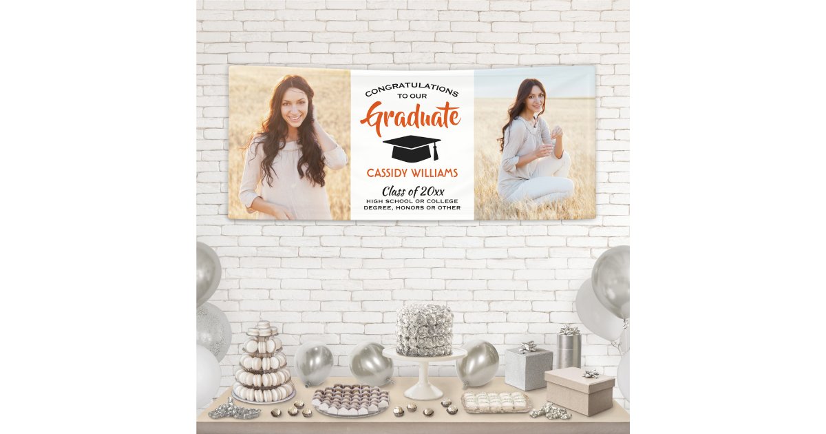 Congrats 2 Photo Orange Black and White Graduation Banner | Zazzle