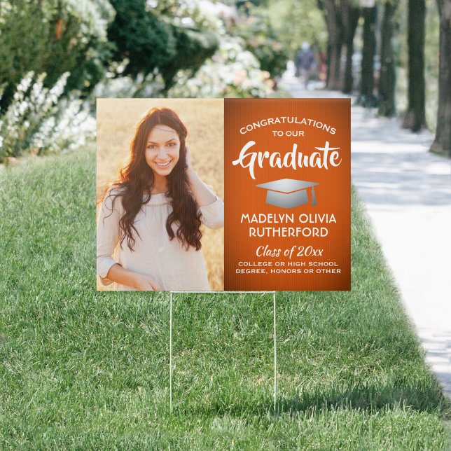 Congrats 2 Photo Orange White Silver Graduation Sign (Creator Uploaded)