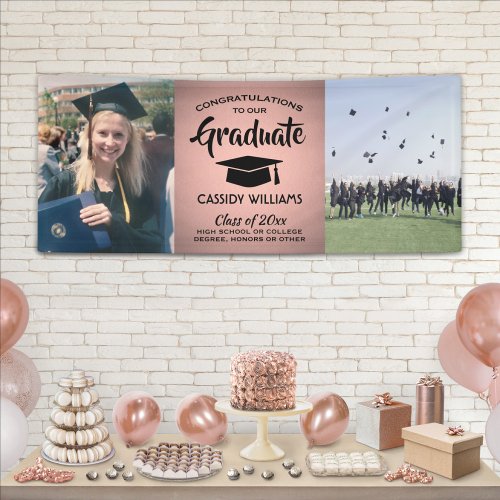 Congrats 2 Photo Pink and Black Trendy Graduation Banner