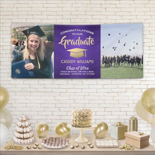 Congrats 2 Photo Purple Gold and White Graduation Banner