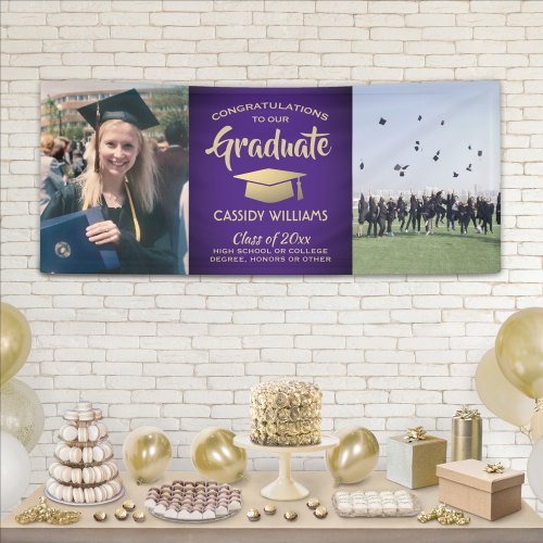 Congrats 2 Photo Purple  Gold Modern Graduation Banner