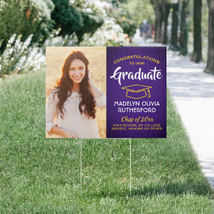 Congrats 2 Photo Purple Gold Yellow Graduation Sign