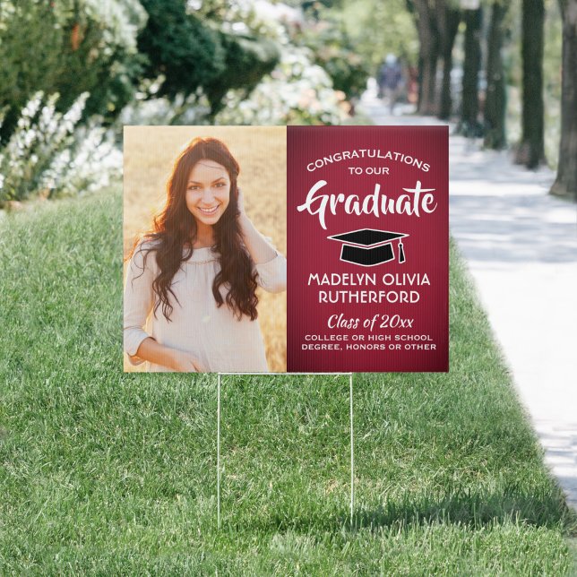 Congrats 2 Photo Red Black & White Graduation Yard Sign (Creator Uploaded)