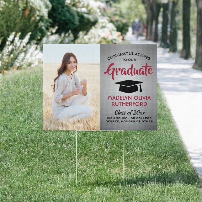 Congrats 2 Photo Red Gray Black Graduation Yard Sign (Creator Uploaded)