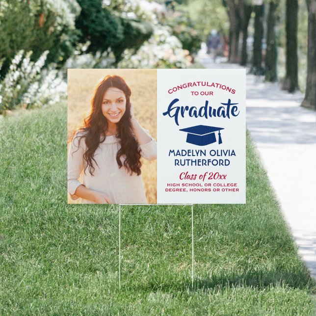 Congrats 2 Photo Red White & Blue Graduation Yard Sign (Creator Uploaded)