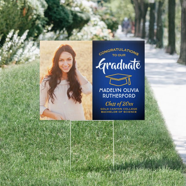 Congrats 2 Photo Royal Blue & Gold Graduation Yard Sign (Creator Uploaded)