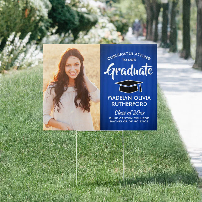 Congrats 2 Photo Royal Blue White Graduation Yard Sign | Zazzle
