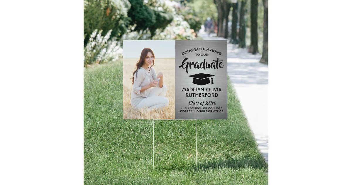 Congrats 2 Photo Silver and Black Graduation Yard Sign | Zazzle