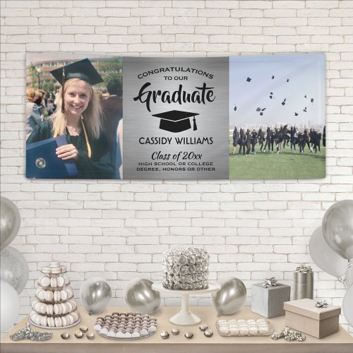 Congrats 2 Photo Silver  Black Modern Graduation Banner