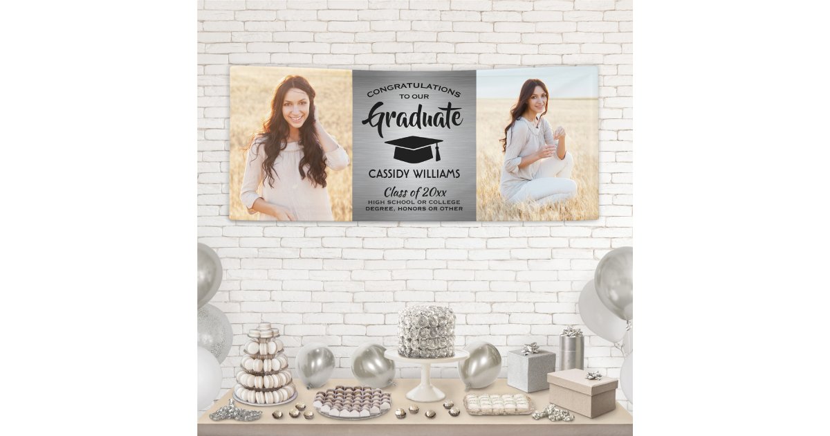 Congrats 2 Photo Silver & Black Modern Graduation Banner | Zazzle