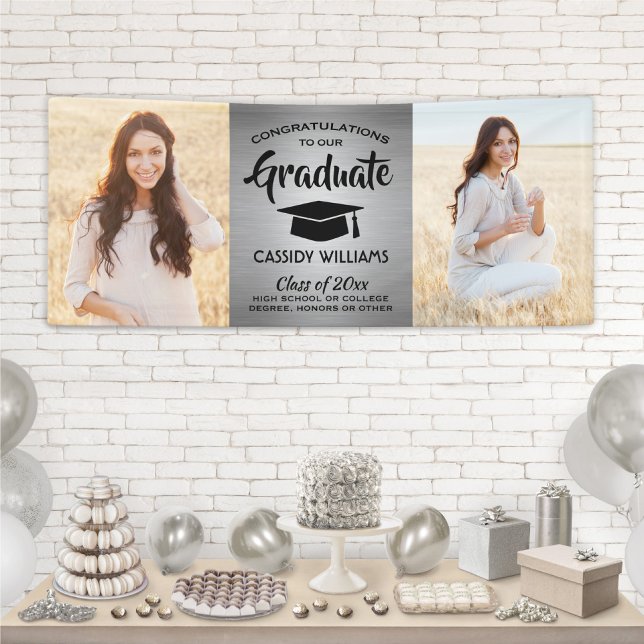 Congrats 2 Photo Silver & Black Modern Graduation Banner (Creator Uploaded)