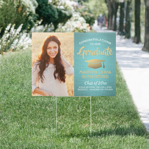 Congrats 2 Photo Teal Blue & Gold Graduation Sign
