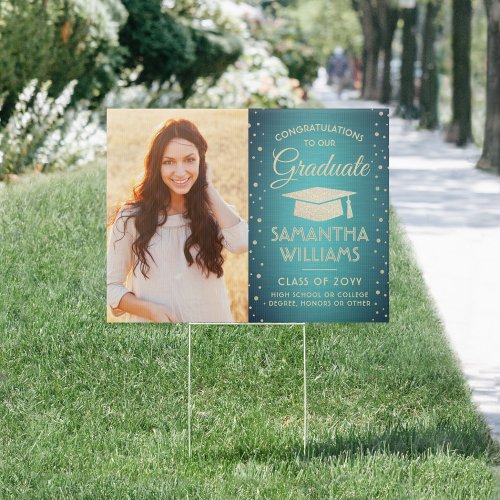 Congrats 2 Photo Teal Gold Glitter Graduation Yard Sign