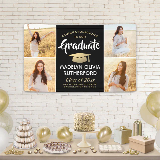 Congrats 4 Photo Black Gold and White Graduation Banner | Zazzle