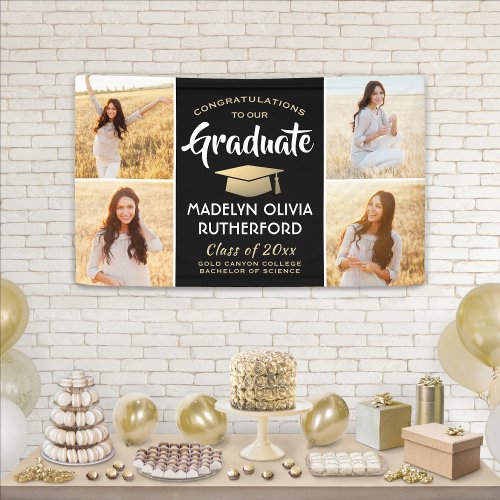 Congrats 4 Photo Black Gold and White Graduation Banner