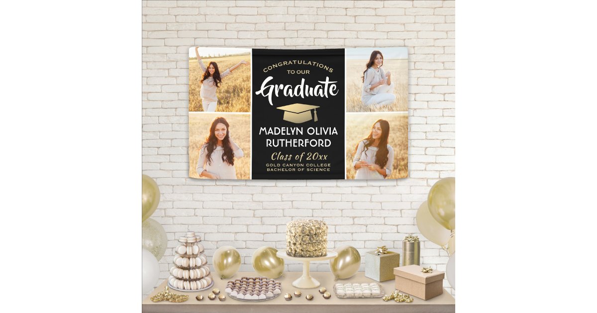 Congrats 4 Photo Black Gold and White Graduation Banner | Zazzle