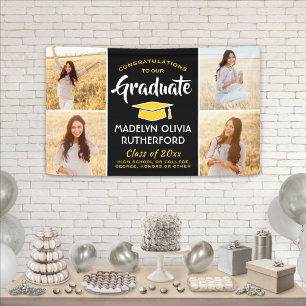 Congrats 4 Photo Black Gold Yellow Graduation Banner