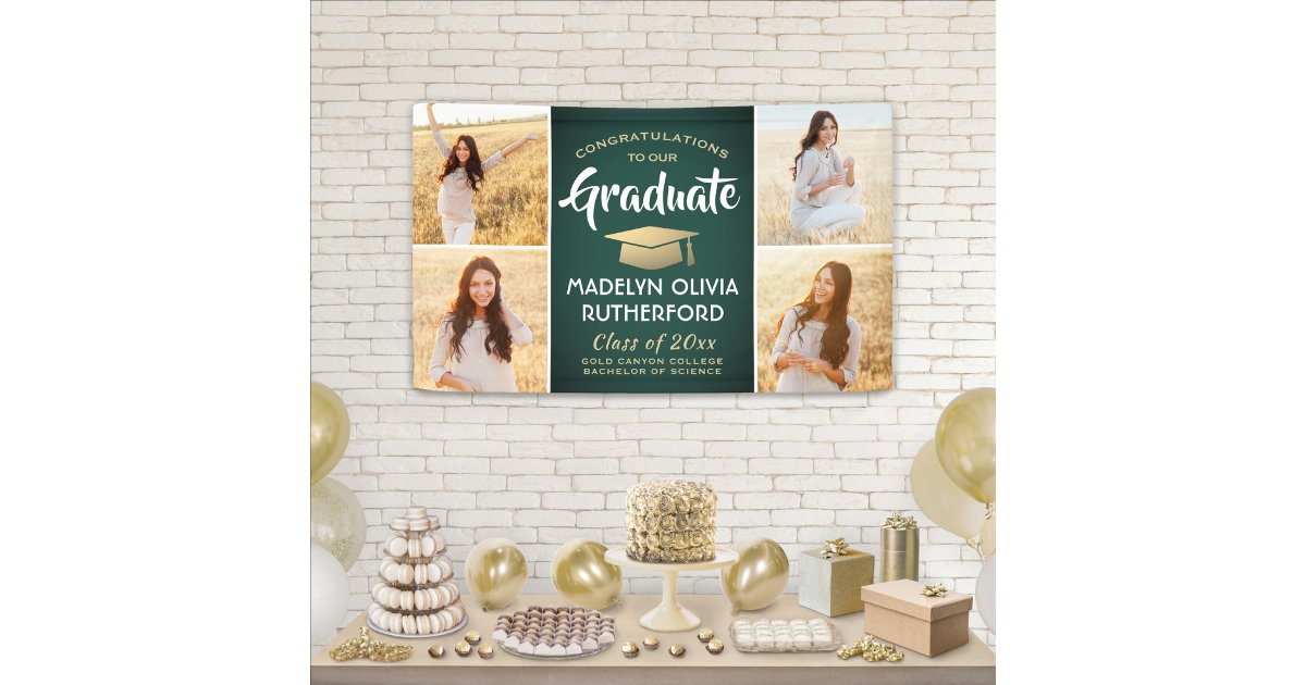 Congrats 4 Photo Green Gold and White Graduation Banner | Zazzle