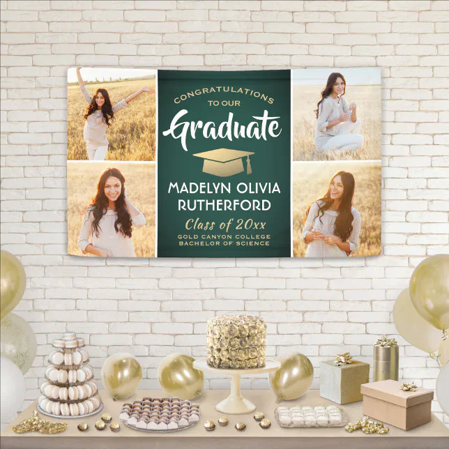 Congrats 4 Photo Green Gold and White Graduation Banner | Zazzle