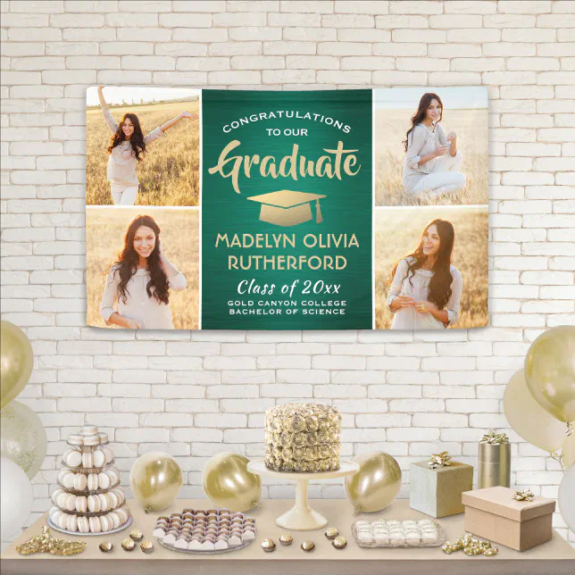 Congrats 4 Photo Green Gold and White Graduation Banner | Zazzle