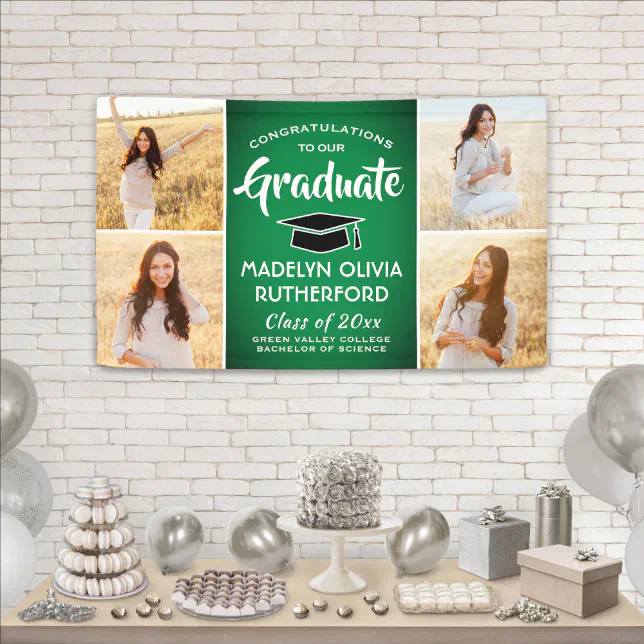 Congrats 4 Photo Green White & Black Graduation Banner | Zazzle