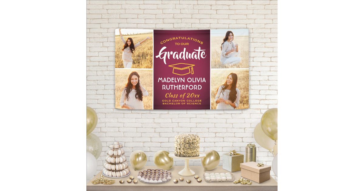 Congrats 4 Photo Maroon Gold Red Yellow Graduation Banner | Zazzle