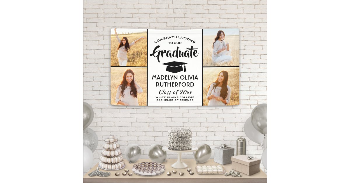 Congrats 4 Photo Modern Black and White Graduation Banner | Zazzle