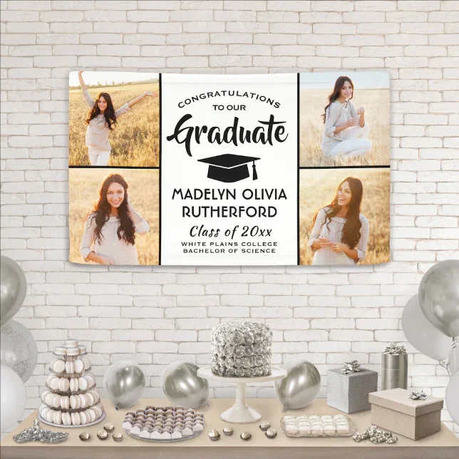 Congrats 4 Photo Modern Black and White Graduation Banner | Zazzle
