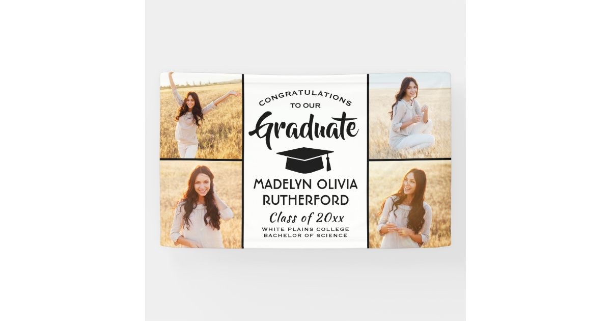 Congrats 4 Photo Modern Black and White Graduation Banner | Zazzle.com