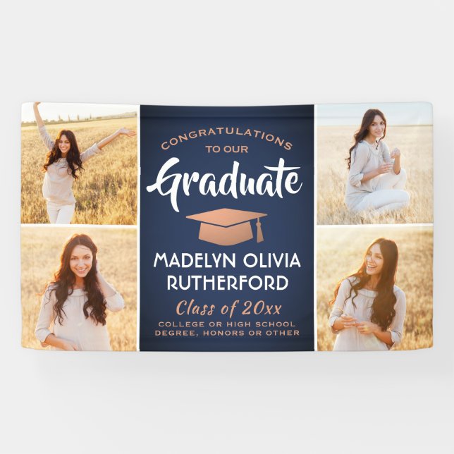 Congrats 4 Photo Navy Blue Copper White Graduation Banner (Horizontal)