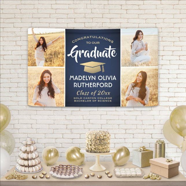 Congrats 4 Photo Navy Blue Gold & White Graduation Banner (Creator Uploaded)