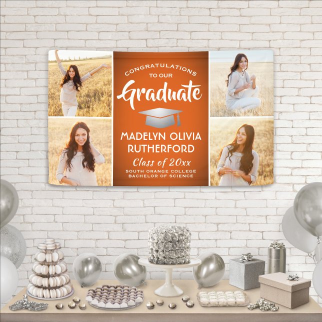 Congrats 4 Photo Orange White & Silver Graduation Banner (Creator Uploaded)
