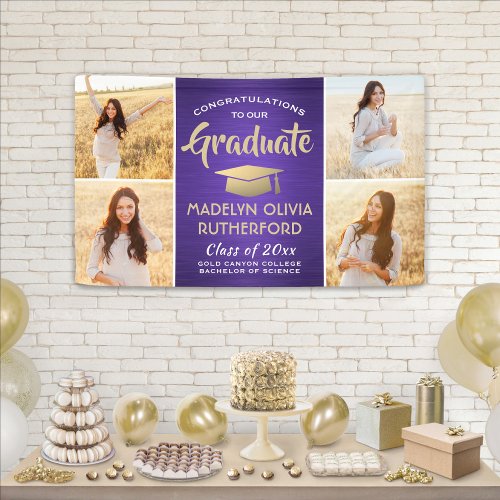 Congrats 4 Photo Purple Gold and White Graduation Banner