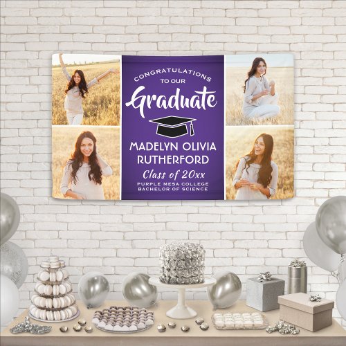 Congrats 4 Photo Purple White  Black Graduation Banner