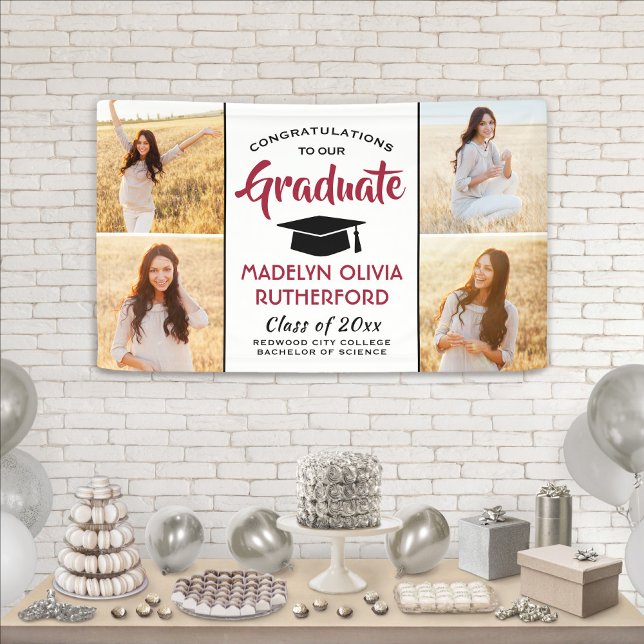 Congrats 4 Photo Red Black and White Graduation Banner (Creator Uploaded)
