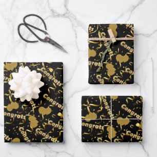 Congrats Black Gold Confetti Balloons Celebration Wrapping Paper Sheets