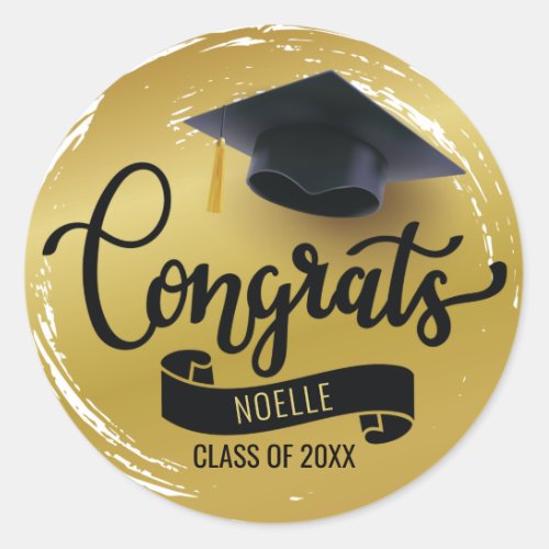 Congrats Black Graduation Cap Name Gold Classic Round Sticker