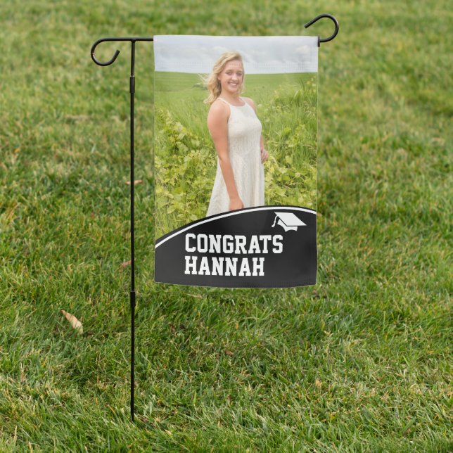 Congrats Black Photo Graduation House Garden Flag (In SItu)