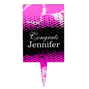 Congrats black pink animal print name cake topper