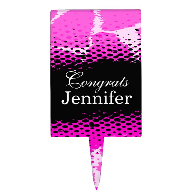 Congrats black pink animal print name cake topper (Front)
